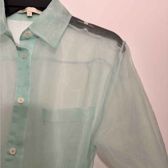 MAJE Roane sheer organza midi shirt teal sea green dress - 1 - Picture 4 of 7